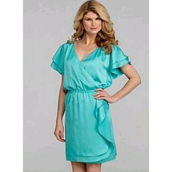 Antonio Melani Wesley Green Satin Wrap Ruffle Flutter Sleeve Social Dress 4 $169 - Picture 1 of 8